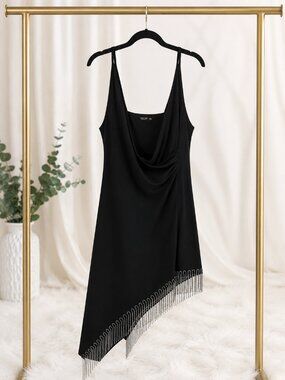 Twenty One Black Asymmetrical Fringe Hem Cowl Neck Mini Dress | Size 3XL